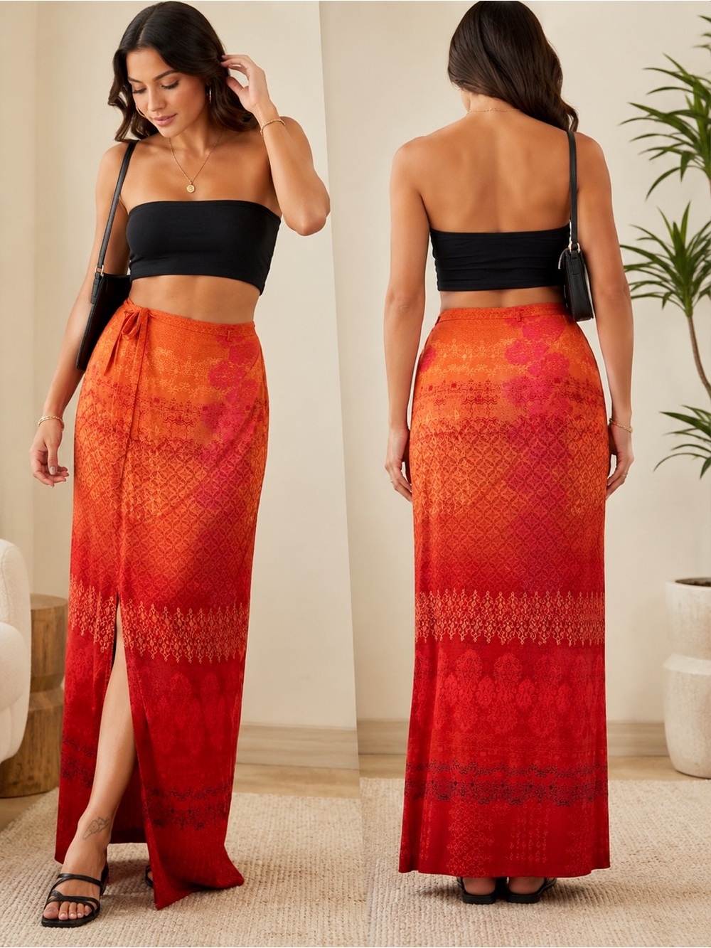 Rare 100% Silk Vintage Y2K Wrap Skirt Red Orange Ombré Ellen Tracy